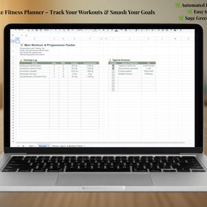 Könnte beinhalten: Ein Laptop zeigt eine digitale Fitness-Planer-Tabelle mit dem Titel Mein Workout- & Progressions-Tracker. Der Bildschirm enthält Spalten für Trainingsprotokolle und tägliche Routinen mit salbeigrünen Kopfzeilen und Text.