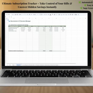 Peut inclure: Un ordinateur portable affichant une feuille de calcul intitulée Abonnement- & Fixkosten-Manager. L'écran présente des colonnes pour le service, la catégorie, l'intervalle et les coûts. Le texte en haut indique Ultimate Subscription Tracker – Take Control of Your Bills & Uncover Hidden Savings Instantly et Sage Green Edition.