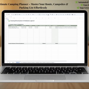 May include: A silver laptop displaying a digital camping planner spreadsheet with columns for route planning, campsite logs, and packing lists. The screen shows text in German, including Camping-Routenplaner & Stellplatz-Logbuch, with a sage green color scheme.