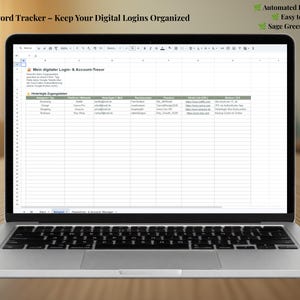 Könnte beinhalten: Ein Laptop zeigt eine digitale Passwort-Tracker-Tabelle mit Spalten für Kategorie, Website, E-Mail, Benutzername, Passwort, URL und Notizen. Auf dem Bildschirm steht der Text Password Tracker - Keep Your Digital Logins Organized und Sage Green Edition.