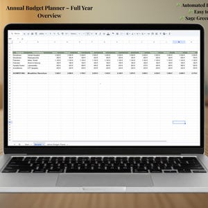 Könnte beinhalten: Ein Laptop zeigt eine jährliche Budgetplaner-Tabelle mit einer Jahresübersicht. Der Bildschirm zeigt eine Tabelle mit Kategorien, Beschreibungen und monatlichen Finanzdaten in Euro. Der Text umfasst Automated Dashboard, Easy to use, Sage Green Edition.