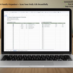 Könnte beinhalten: Ein silberner Laptop mit einer digitalen Tabellenkalkulation namens Smarter Familien-Kalender & To-Do-Hub. Der Bildschirm zeigt einen Wochenplan und eine Familien-To-Do-Liste mit Kontrollkästchen in einem Salbeigrün-Farbschema.
