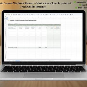 May include: A laptop screen displaying a digital spreadsheet titled Ultimate Capsule Wardrobe Planner – Master Your Closet Inventory & Track Outfits Instantly. The interface includes columns for clothing items, brands, colours, seasons, costs, and wear counts.