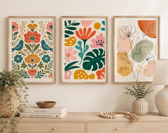 Stampe artistiche floreali botaniche in stile boho, set da parete con soggetto astratto di Matisse (download immediato)