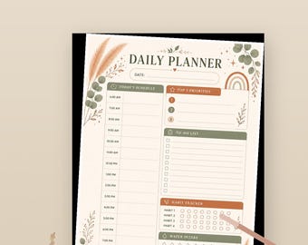 Agenda giornaliera stampabile, agenda giornaliera boho in PDF, agenda giornaliera senza data, agenda per la produttività, tracker delle abitudini, lista delle cose da fare stampabile