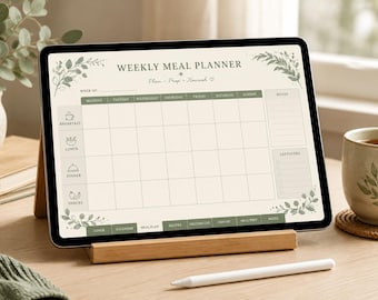 Agenda settimanale per i pasti in stile boho, colore verde salvia, stampabile in formato digitale, compatibile con GoodNotes e iPad, calendario 2026-2027, lista della spesa e strumento per il monitoraggio dell'assunzione di acqua inclusi.