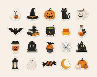 Adesivi digitali di Halloween per agenda / Set di 20 simpatici adesivi per GoodNotes / Zucca, fantasma, pipistrello e strega pretagliati in formato PNG / Pacchetto di adesivi per diario su iPad