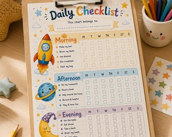 Tabella modificabile per la lista di controllo giornaliera a tema spaziale per bambini – Routine personalizzata e stampabile