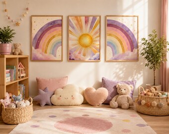 Set di stampe per la cameretta a tema Boho Rainbow Sun, con motivi celestiali dai colori pastello (download digitale)
