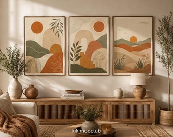 Set di 3 stampe di paesaggi astratti in stile boho, arte desertica color terracotta di metà secolo (download digitale)