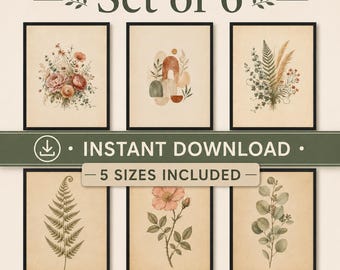 Stampe floreali e botaniche vintage, set da parete in stile boho con acquerelli (download immediato)