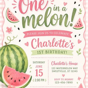 Inbjudan till 1-årsdag med en melon, mall för vattenmelonflickfest (digital nedladdning)