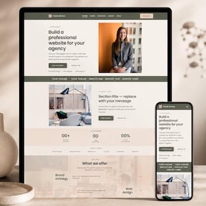 May include: A digital display of a website homepage design featuring a neutral color palette, a hero section with a photograph of a person in a blazer, a section with a lamp image, and a mobile view of the same layout displayed on a smartphone.