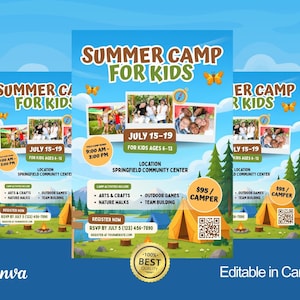 May include: A blue flyer for a summer camp for kids featuring a forest landscape with a tent, campfire, and trees. The text reads Summer Camp for Kids, July 15-19, for kids ages 6-13, location Springfield Community Center, and lists activities.