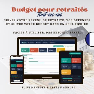 Peut inclure: Un outil de suivi budgétaire numérique pour retraités affiché sur un ordinateur portable, une tablette et un smartphone. L'écran présente des tableaux de bord financiers avec des cartes de données colorées, des graphiques et le texte Budget pour retraités.
