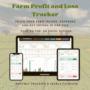 May include: A digital Farm Profit and Loss Tracker displayed on a laptop, tablet, and smartphone. The interface shows financial data, charts, and tables for income and expenses. Text includes Farm Profit and Loss Tracker, track your farm income, expenses and net income in one file, easy to use. No Excel needed, and monthly tracking & yearly overview.