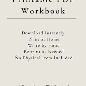 Puede incluir: Un documento digital titulado Printable PDF Workbook sobre un fondo beige claro. El texto dice: Download Instantly, Print at Home, Write by Hand, Reprint as Needed, No Physical Item Included y 48 Pages &bull; Instant PDF Download.