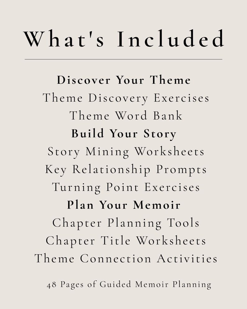Puede incluir: Un documento informativo beige titulado What's Included, que enumera los componentes de planificaci&oacute;n de memorias: Discover Your Theme, Theme Discovery Exercises, Theme Word Bank, Build Your Story, Story Mining Worksheets, Key Relationship Prompts, Turning Point Exercises, Plan Your Memoir, Chapter Planning Tools, Chapter Title Worksheets, Theme Connection Activities y 48 Pages of Guided Memoir Planning.