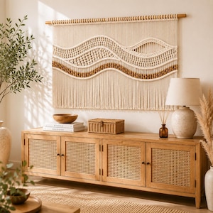 Boho Wave Wall Hanging Tapestry, Large Woven Wall Art, Macrame Style Room Divider, Neutral Living Room Bedroom Decor