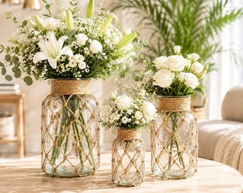 Jarrón de cristal estilo bohemio, jarrón de flores envuelto en yute, decoración rústica de granja, jarrón de hierba de la Pampa, centro de mesa costero.
