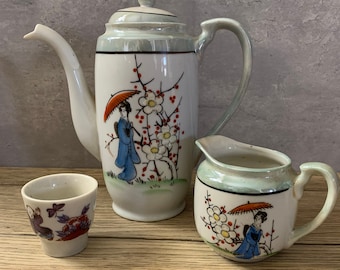 Vintage Ceramic Japanese Tea Set: Teapot, Cup & Creamer