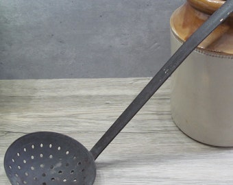Primitive Hand-Forged Iron Skimmer – Colonial Hearth Ladle for Rustic Kitchen Decor