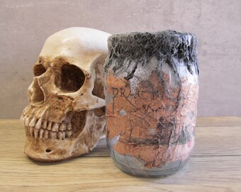 Halloween Potion Jar – Silver Mercury Glass with Aged Label & Primitive Topper