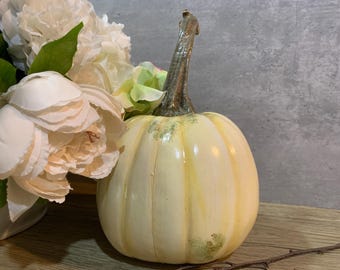Pumpkin Patch White Faux Pumpkin • Real Stem, Neutral Fall Decor One of a Kind