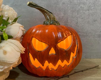 Pumpkin Patch Light-Up Pumpkin Hand Painted Real Stem