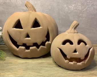 Set  of Hand Painted Light-Up Pumpkin Set: Terracotta Jack-O-Lantern Halloween Decor