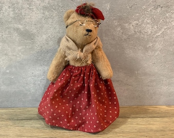 Diana West Artist Bear • Signed 9” Mohair Granny Bear • Red Skirt • Collectible Teddy
