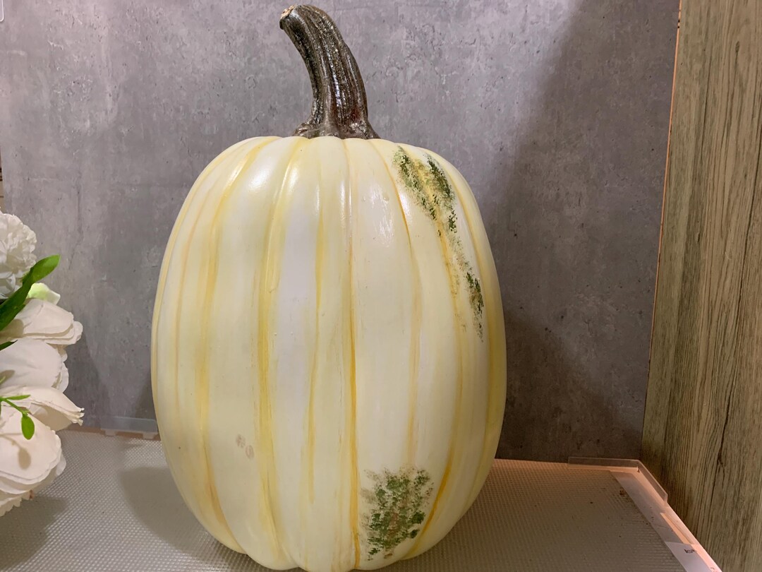 Hand-painted White Faux Pumpkin • Real Stem, Neutral Fall Decor One of ...