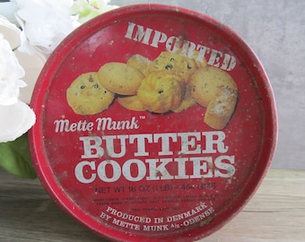 Vintage Mette Munk Denmark Cookie Tin: Red Farmhouse Decor