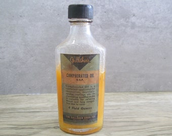 Rare Vintage Gallaher’s Camphorated Oil Bottle – 1940s Apothecary Glass w/ Label