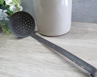 Primitive Hand-Forged Iron Skimmer – Colonial Hearth Ladle for Rustic Kitchen Decor