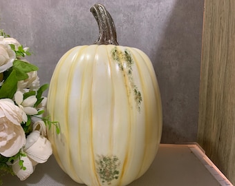 Hand-Painted White Faux Pumpkin • Real Stem, Neutral Fall Decor One of  a Kind
