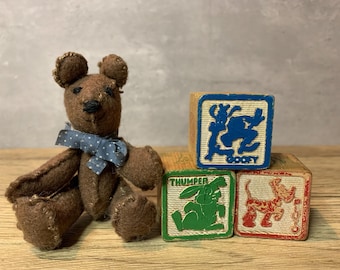 Vintage Set Wooden Alphabet Blocks & Handmade Teddy Bear Set, Nursery Decor
