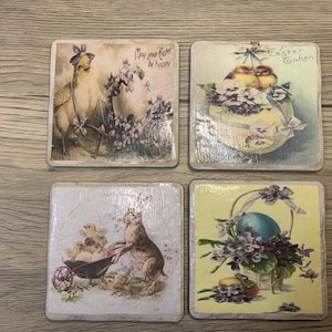 Set of 4 Easter  Ceramic Coasters – Heat-Resistant Drink Coasters for Spring Home Decor, Housewarming Easter Gifts