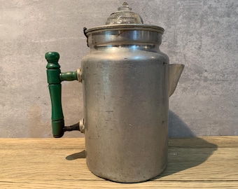 Aluminum 9 Cup Percolator Coffee Pot:  Glass Top ,Wood Handle , Basket w Pump Stand