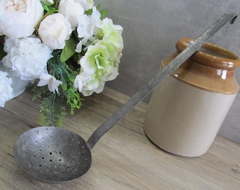 Primitive Wrought Iron Spider Ladle – 1800s Farmhouse Skimmer with Hooked Handle