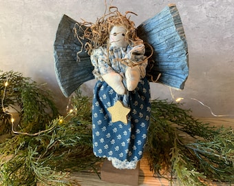 Vintage Muslin Angel Fairy – Hand-Painted Face & Raffia Wings on Wood Stand