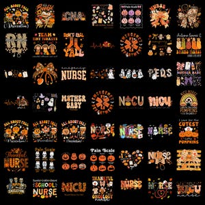 May include: A collection of digital graphic designs featuring autumn and nursing themes on a black background. The graphics include pumpkins, fall leaves, stethoscopes, bows, and text such as Nurse, NICU, and Pain Scale in orange, brown, and white.