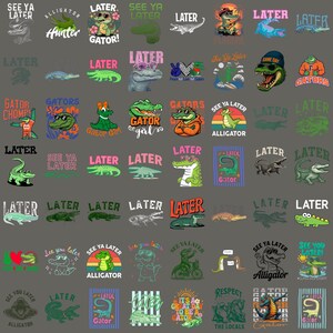May include: A collection of graphic designs featuring various alligator illustrations and the text "Later" or "See Ya Later" in diverse fonts, colors, and styles, arranged in a grid on a solid dark gray background for use in apparel printing.