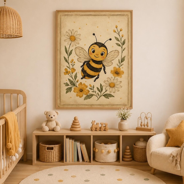 Vintage Bee Nursery Wall Art | Watercolor Bee Print | Neutral Nursery Decor | Honey Bee Poster | Bumble bee print | Digital Download