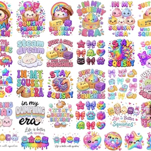 Puede incluir: Una colección de coloridas ilustraciones digitales con dumplings estilo kawaii, juguetes squishy y dulces con degradados de arcoíris. Los textos incluyen frases como Squishy Queen, In My Squishy Era y Life is Better with Squishies.