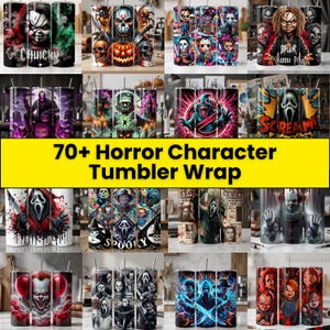 May include: A collection of cylindrical tumblers featuring various horror movie characters and themes, including Chucky, Jason Voorhees, Ghostface, and Pennywise, displayed in a grid of multiple designs with vibrant, colorful, and dark graphic prints.
