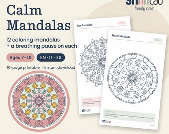 Puede incluir: Un set de colorear imprimible de 16 páginas titulado Calm Mandalas de shhhLab, que incluye 12 mandalas con ejercicios de respiración para edades de 7 a 10 años. Contiene un mandala circular a color y dos páginas blancas con diseños de línea.