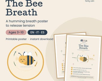 Puede incluir: Un póster imprimible titulado The Bee Breath que muestra una abeja dibujada con los ojos cerrados y rayas negras y amarillas. El póster incluye instrucciones para un ejercicio de respiración, el logo shhhLab y texto para edades de 3 a 10 años.