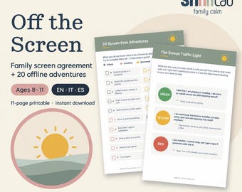 Puede incluir: Un documento imprimible de 11 páginas titulado Off the Screen, que incluye un acuerdo familiar sobre pantallas y 20 aventuras sin conexión para edades de 8 a 11 años. Las páginas incluyen la guía The Screen Traffic Light con secciones codificadas.
