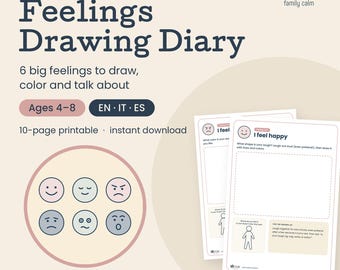 Puede incluir: Un diario de dibujo de sentimientos imprimible de 10 páginas de shhhLab family calm. El documento beige muestra el título, edades 4-8 y los idiomas EN, IT, ES. Incluye seis iconos circulares de expresiones faciales y dos hojas de actividades.